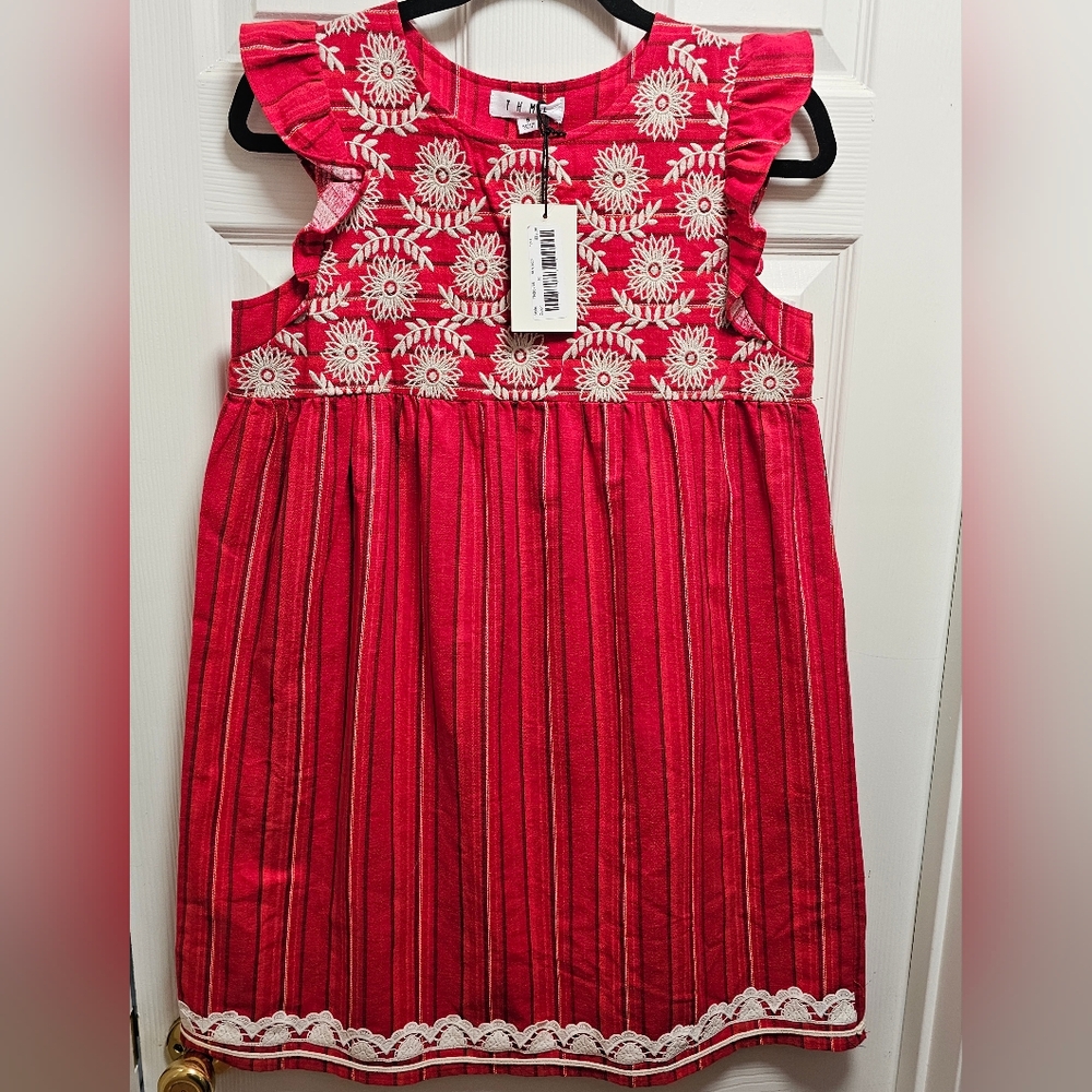 Kid's Red Embroidered Folk Dress Boho Floral Ruffle Sleeve Sleeveless Midi Beige